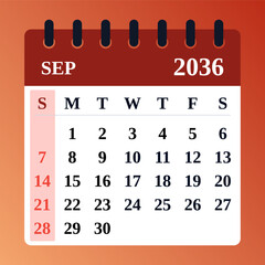 September 2036 Calendar Layout. Monthly planner. September 2036 Flat Calendar Design. Vector illustration."
