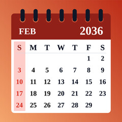February 2036 Calendar Layout. Romantic-themed planner. February 2036 Monthly Design. Flat vector illustration