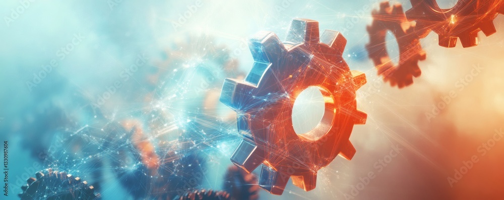 Poster shiny cogwheel gears with artistic lights and background design elements