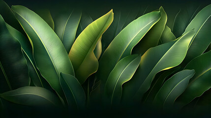 Lush green tropical leaves, vibrant foliage, exotic plant background. Ideal for nature themes, wellness, spa, and travel designs.