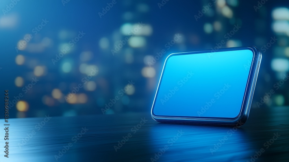 Poster modern workspace, phone on table with blurred background minimalist simplicity