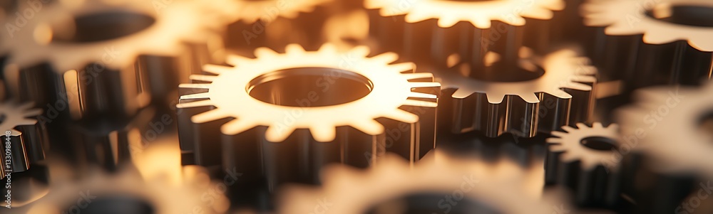 Fototapete Close-up view of interlocking metallic gears with a warm glow, symbolizing engineering and machinery.