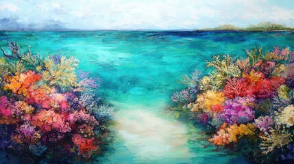 Obraz premium Sunlight filters through turquoise waters, illuminating a coral garden alive with exquisite textures and brilliant hues.