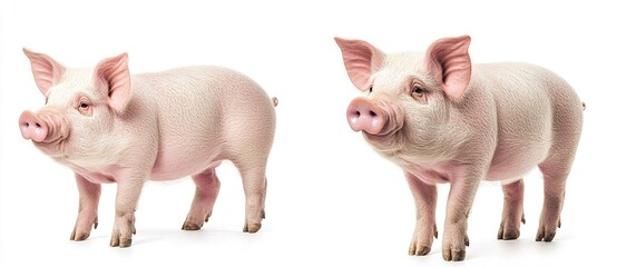 Two pink piglets standing on white background.
