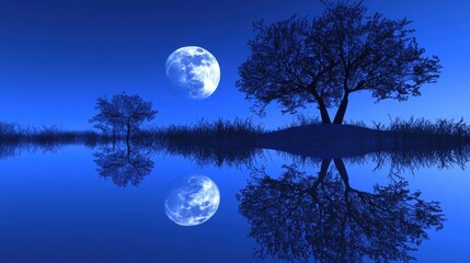 Naklejka premium The night whispers secrets over a secluded moonlit lagoon, where the reflection of the moon ripples like a portal to an enchanting realm.