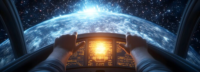 Astronaut's Cosmic Journey: A first-person perspective from the cockpit, as the astronaut's hands grasp the controls, with a celestial body exploding brilliantly ahead, offering a sense of adventure