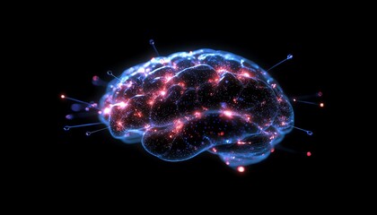 Neonlit brain with glowing synapses and active neural connections, representing dynamic brain activity and connectivity, hightech design, ultrarealistic 8K render