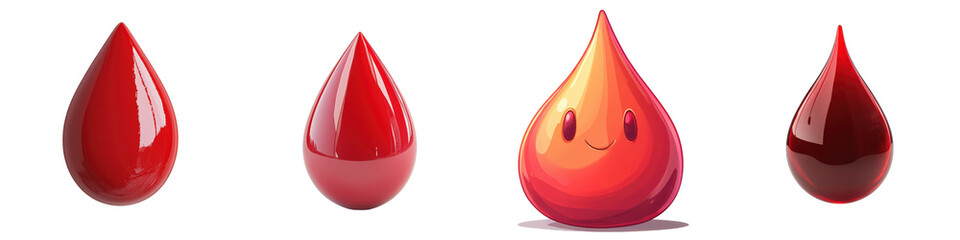 Four cartoon blood droplets; isolated on white background isolated on white or transparent
