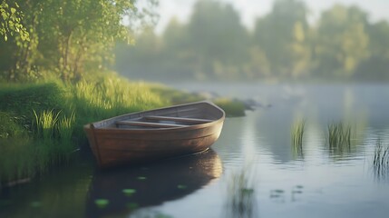 Obraz premium Wooden boat on tranquil lake shore at sunrise