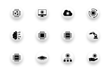 Naklejka premium Icons about chips, technology, robot arm, computer, digital brain. Solid vector icon set.