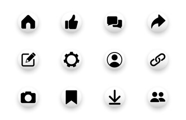 Icons about media, like, chat box, account, camera. Solid vector icon set.