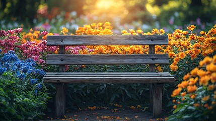 Serene Wooden Bench in Vibrant Spring Garden with Colorful Flowers