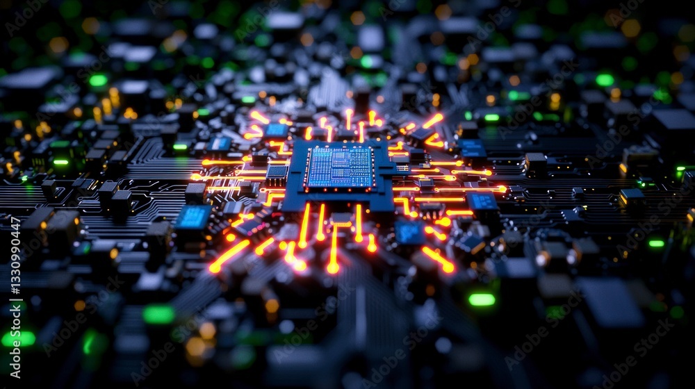 Poster futuristic circuit board microchip technology innovation data ai digital electronics
