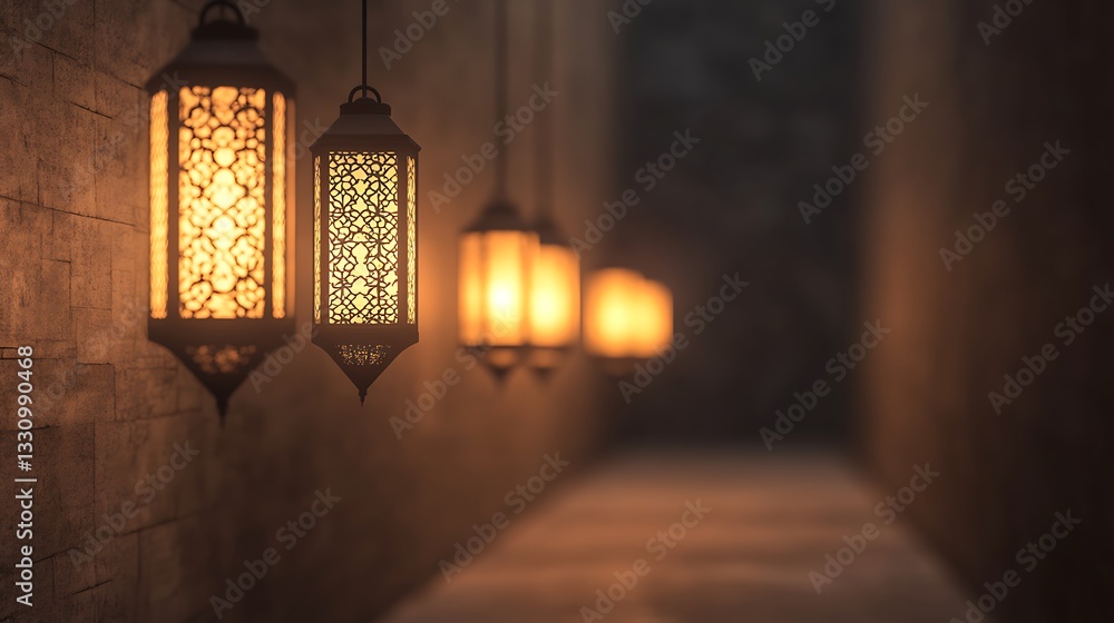 Fototapete elegant lanterns illuminate a shadowy corridor, creating a warm and inviting atmosphere.