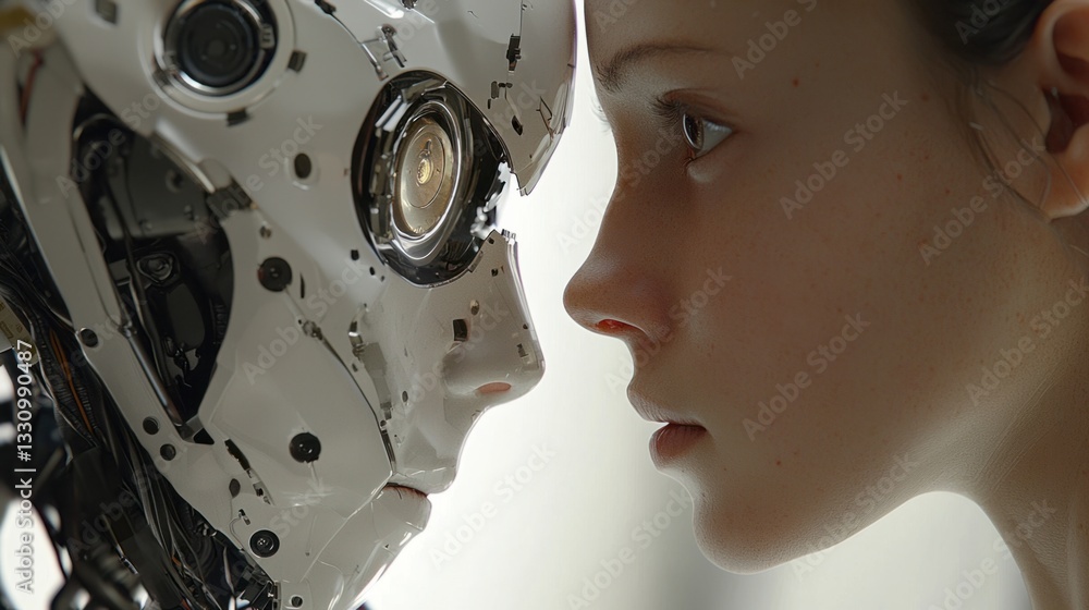 Poster close encounter between human and robot in futuristic setting