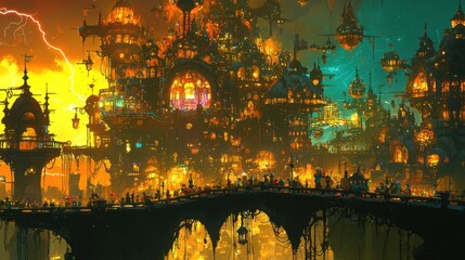 Urban brilliance collides with nature might as a lightning storm dances above a vibrant city, uniting human progress and natural power.