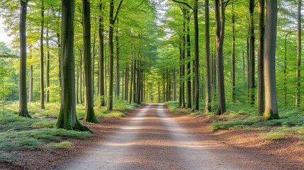 Fototapeta premium Sunlit Path Through Lush Green Forest