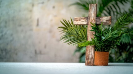 Wooden Cross  Palm Branches  Lent  Easter  Spring  Religious  Faith  Spirituality  Copy Sp