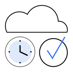 Cloud above clock and checkmark illustrating organization, productivity, task scheduling, project tracking, goal setting, work-life balance. Ideal for efficiency, planning, and automation concepts