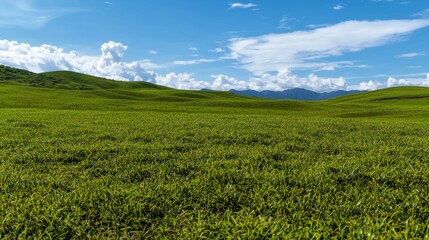 Serene Rolling Hills Landscape  Lush Green Grass  Blue Sky  Clouds