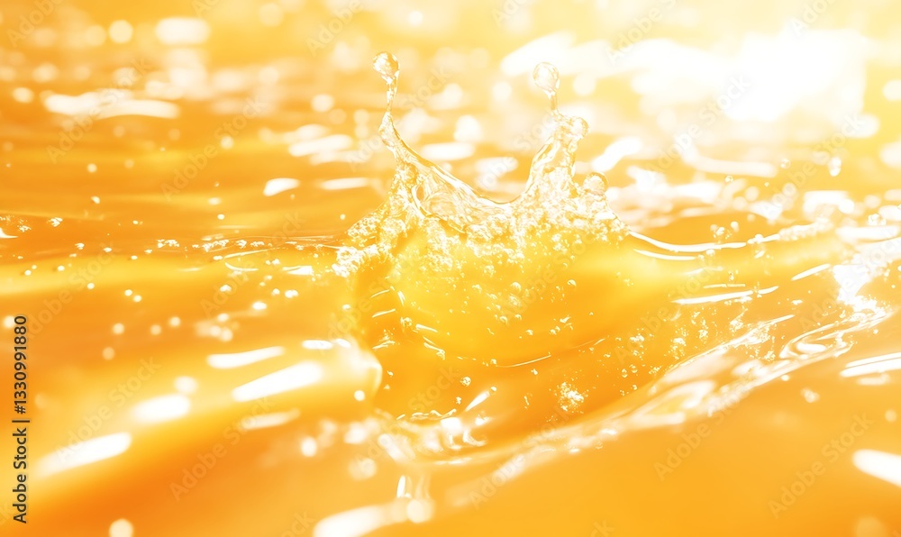 Poster bright orange liquid splashing, creating dynamic ripples and a vibrant texture.