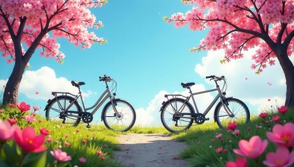 Fototapeta premium Bikes gleam under a cloudless sky, surrounded by vibrant spring blooms , outdoor, sunshine
