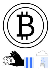 Large Bitcoin icon with hand holding dollar coin, vertical bars resembling data growth, cloud with upward arrows and coin stack. Ideal for cryptocurrency, investment, fintech, blockchain, savings