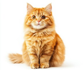 Fluffy Ginger Cat Portrait Against White Background
