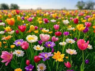 Fototapeta premium Colorful flower field in spring showcasing various blooms under clear blue skies