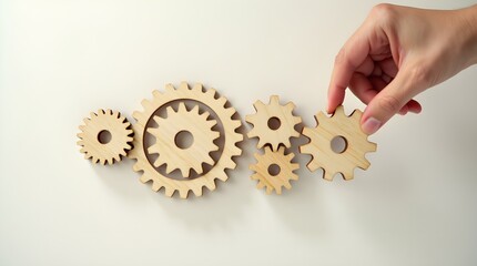 Wooden gears and hand placing gear in a collaborative mechanical system