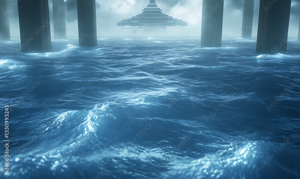 Poster Misty waters beneath a structure, creating an ethereal and tranquil atmosphere.
