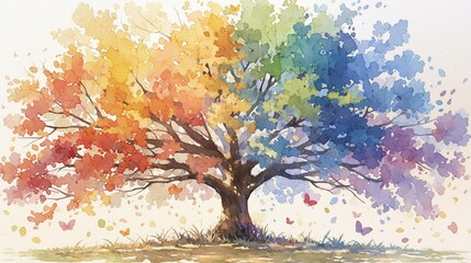 Obraz premium 色とりどりの葉を持つ多様な木の水彩画2