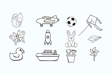 A versatile illustration set showcasing various line drawings of toys, animals, and adventure, perfect for creative projects, coloring books, and educational content tailored for children and learning
