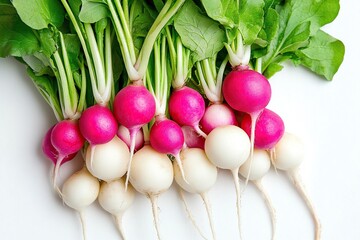 Fresh pink and white radishes with green tops on white background.