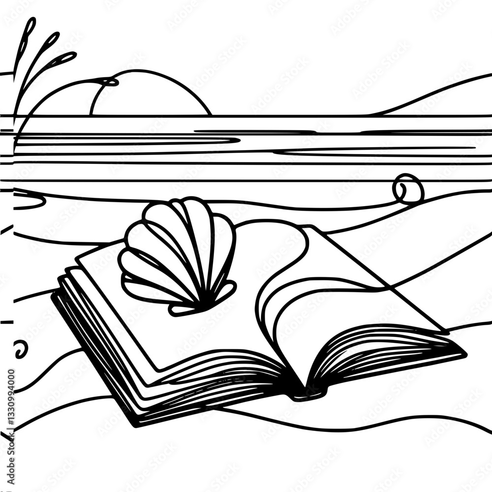 Aufkleber black and white vector contour line with abstract image of an open book on the seashore and a seashe