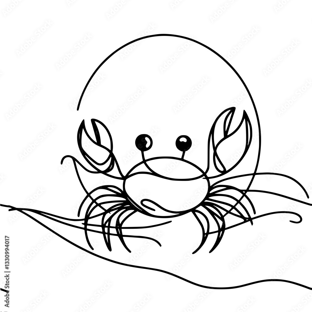 Poster line vector outline drawing of a crab with big eyes and claws standing on a wavy line symbolizing wa