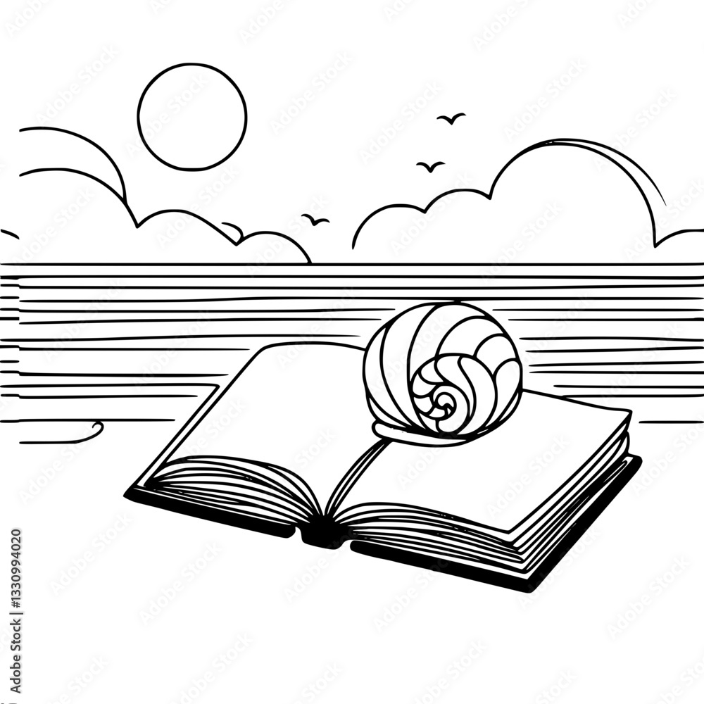 Poster black and white vector outline drawing of an open book with a shell on it, against the background of
