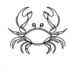 Linear vector outline drawing of crab with big claws and eyes, isolated