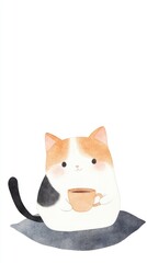 Cute Watercolor Illustration of a Calico Cat Holding a Coffee Cup on a Cozy Cushion