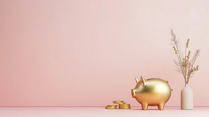Golden Piggy Bank Savings Goal: 3D Render on Soft Pink Background AI Generated
