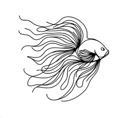 Obraz premium Black and white outline vector graphic image of a fish with long wavy fins on a white background, made in a minimalist style