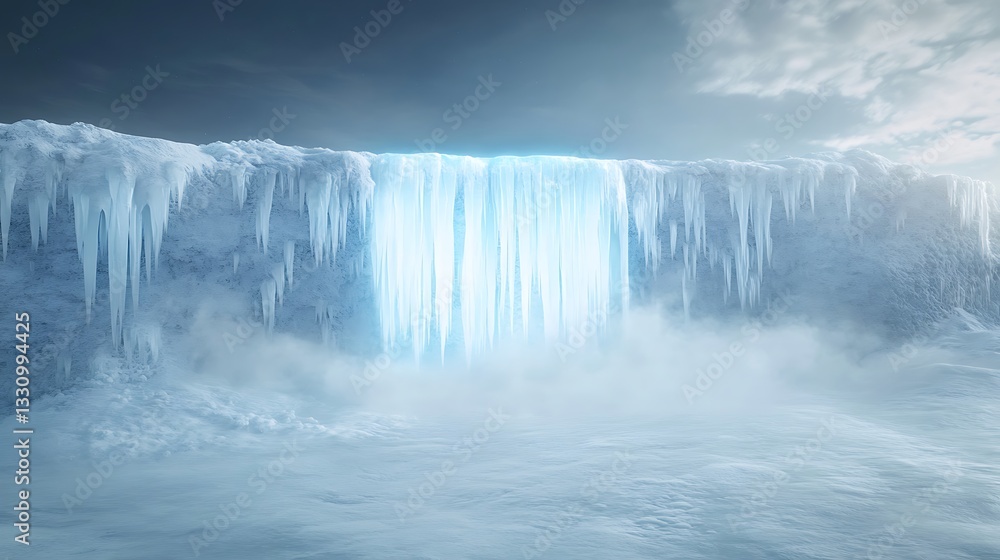 Poster ice waterfall cascading down a frozen landscape, surrounded by mist and a serene atmosphere.