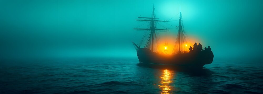 Mysterious Voyage: A ghostly silhouette of a sailing vessel navigates through a dense fog, its illuminated windows casting an eerie glow on the water. A scene of maritime mystery and suspense.