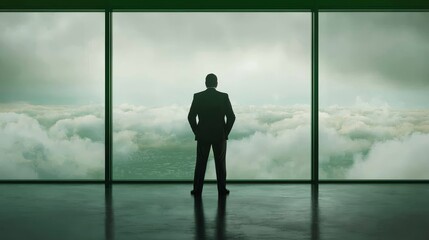 Fototapeta premium Businessman in a suit standing by the window, overlooking the cityscape, contemplating future opportunities.