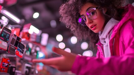 Young Woman Exploring Futuristic Tech Gadgets in Vibrant Digital Store