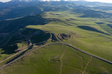Aerial drone photo of mountain and valley landscapes from Vardenyats (Selim) Pass, connecting Sevan...