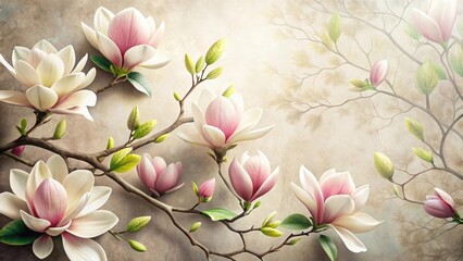 Elegant Magnolia Blossoms on a Delicate Branch, Pastel Hues and Soft Lighting Create a Serene and Tranquil Floral Scene