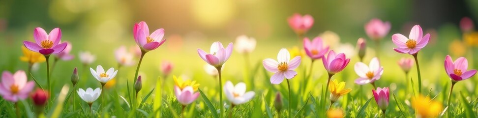 Fototapeta premium Pastel gladioli carpet a tranquil spring meadow bathed in soft sunlight, dawn, sunlight