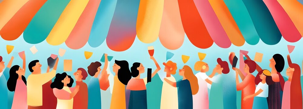 Festive Toast: Vibrant illustration capturing a lively crowd celebrating joyously under a canopy of colorful festivity.