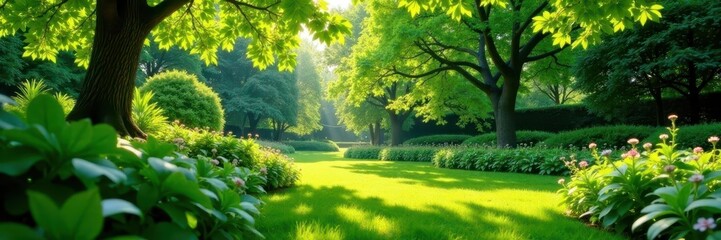 Fototapeta premium Serene garden, vibrant green foliage, dappled sunlight, organic, spring